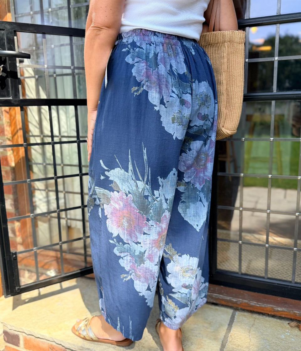 Navy Floral Cotton Barrel Leg Trousers
