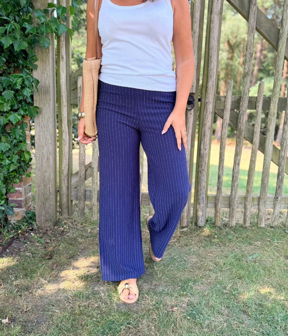 Navy Pinstripe Wide Leg Trousers