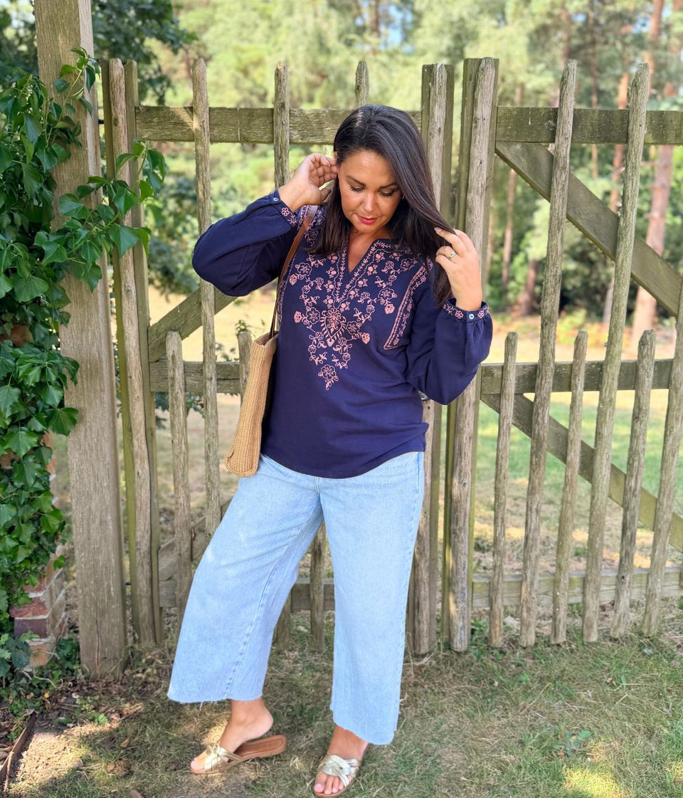 Navy Embroidered Notch Neck Top