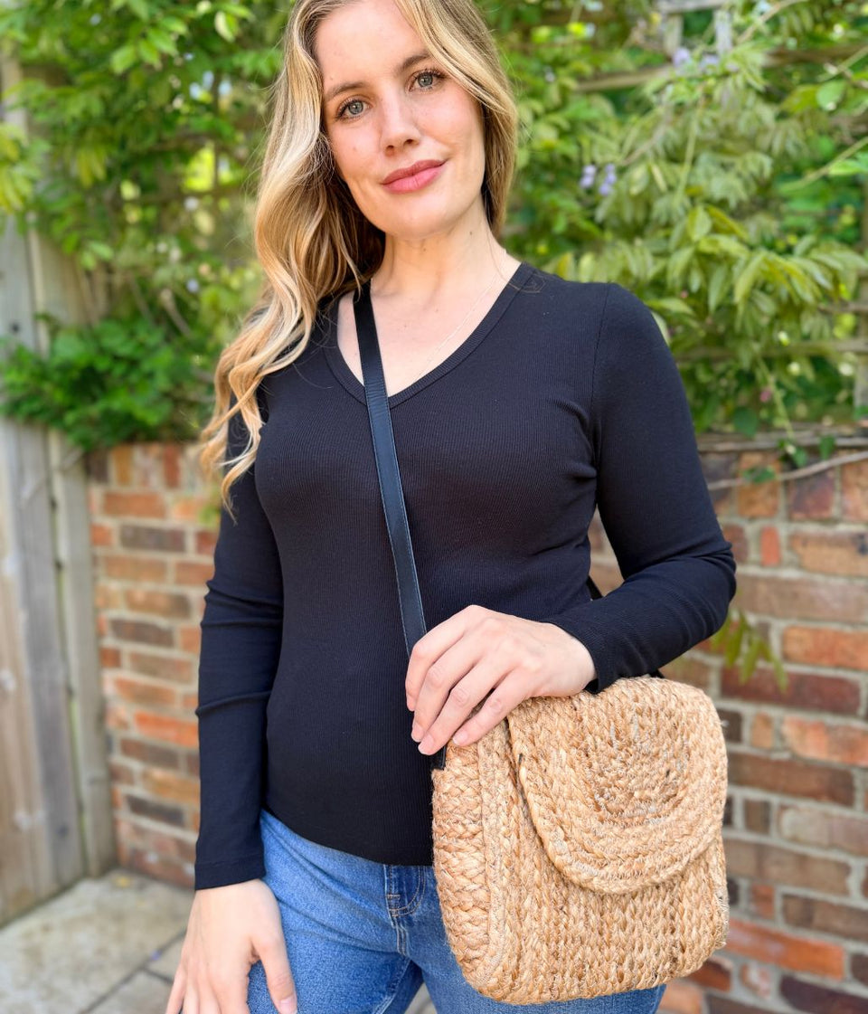Black Cotton Rich Ribbed V Neck Top