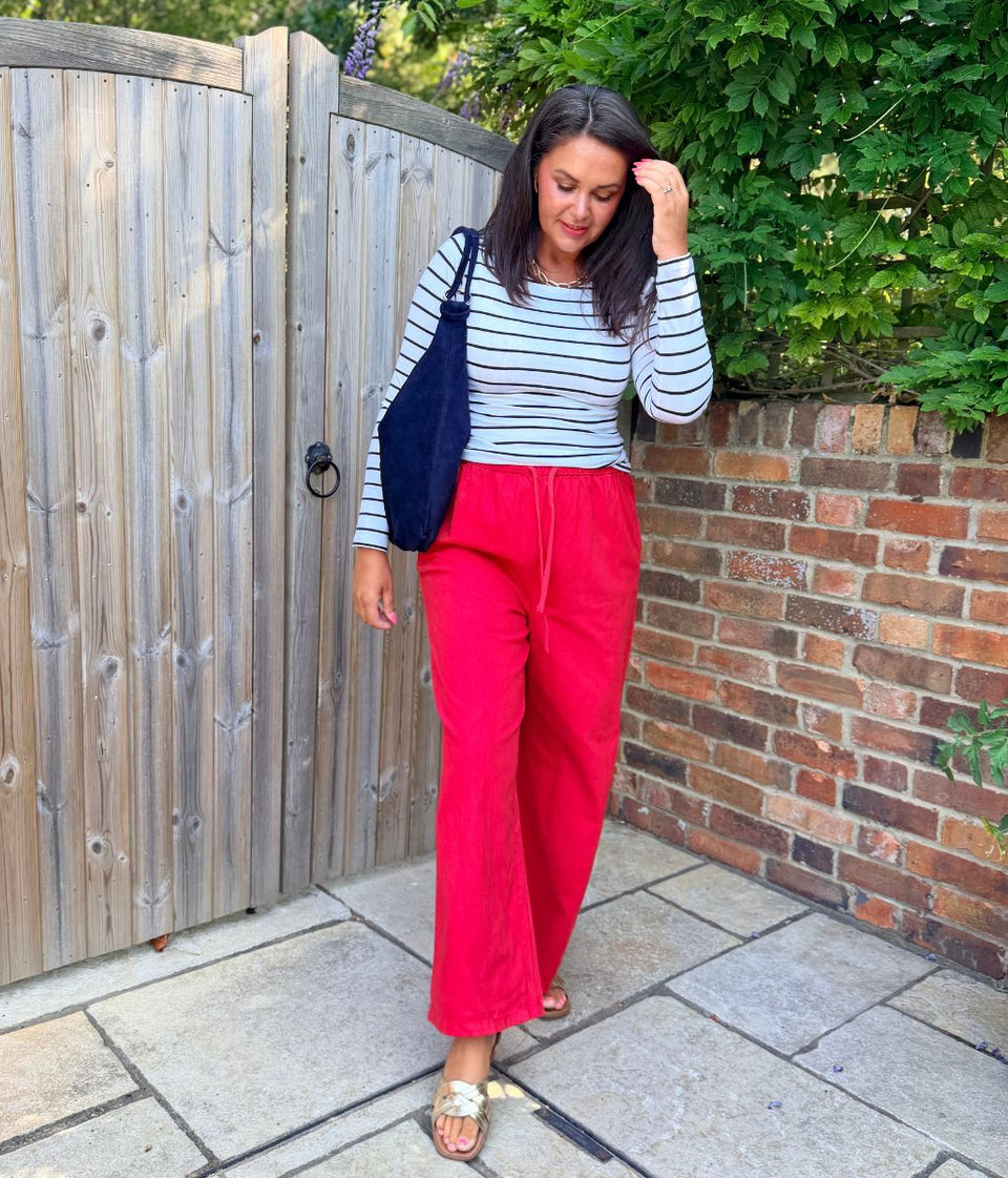 Red Cotton Rich Drawstring Wide Leg Trousers