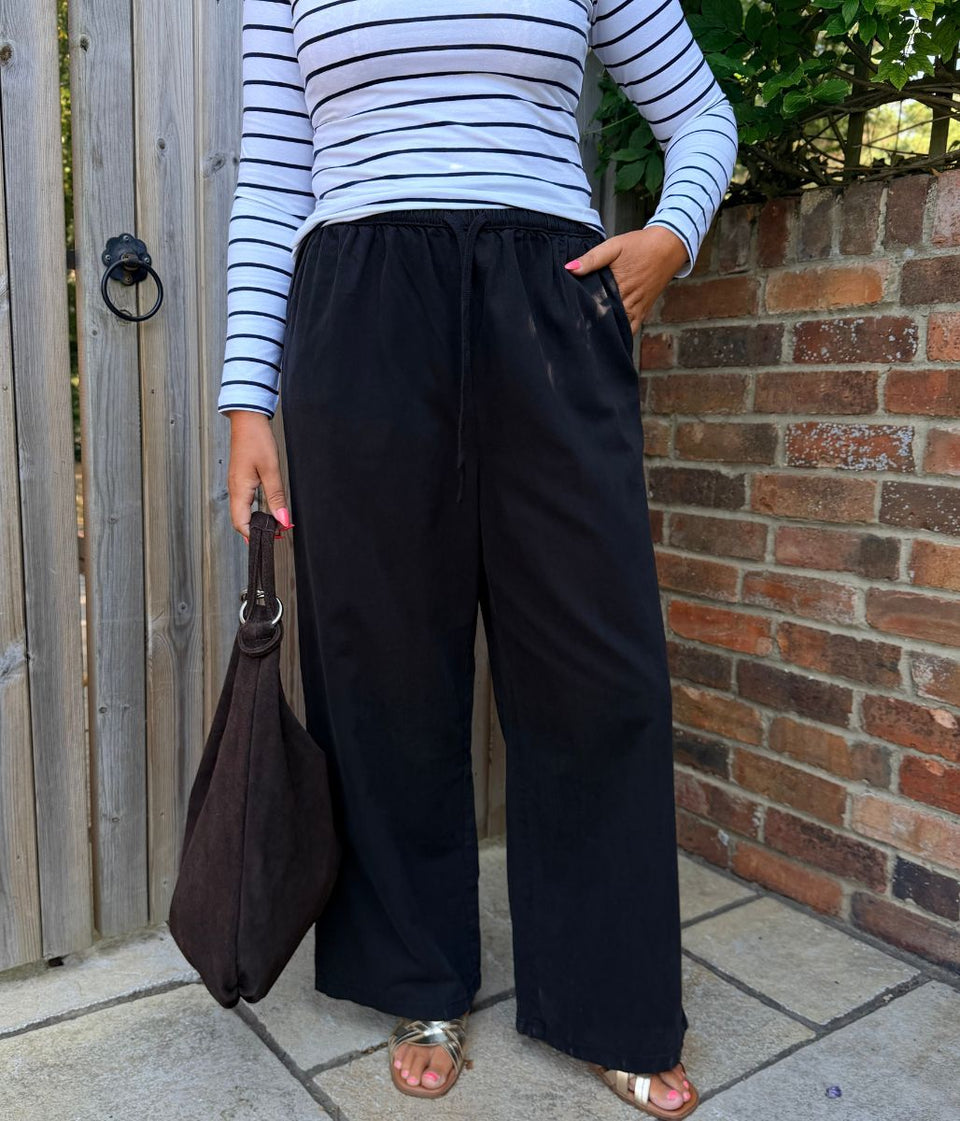 Black Cotton Rich Drawstring Wide Leg Trousers