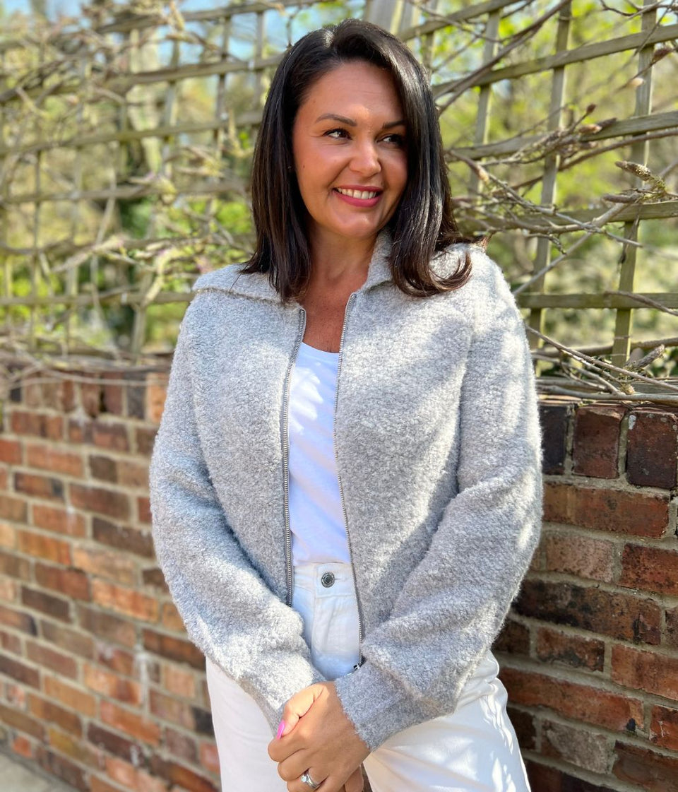 Grey Boucle Wool Blend Zip Up Jumper