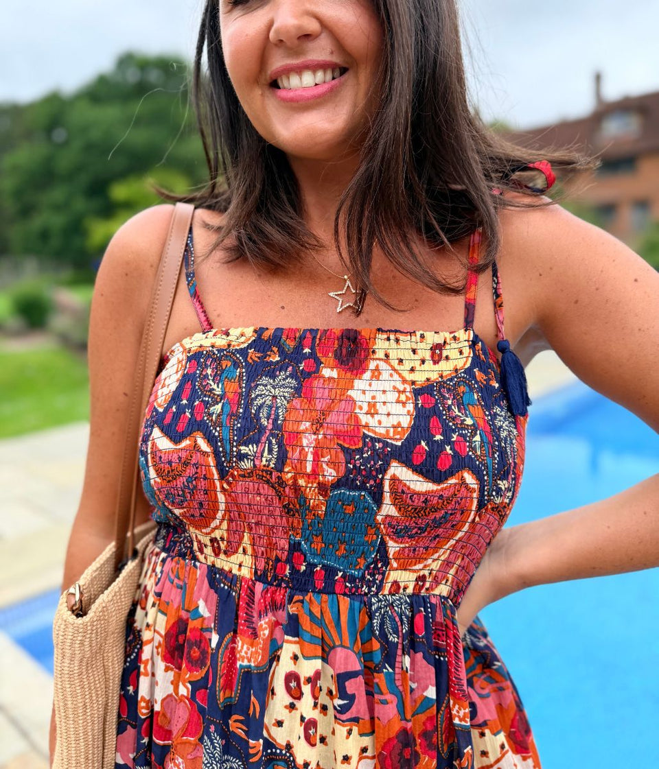 Navy Malta Shirred Midi Dress