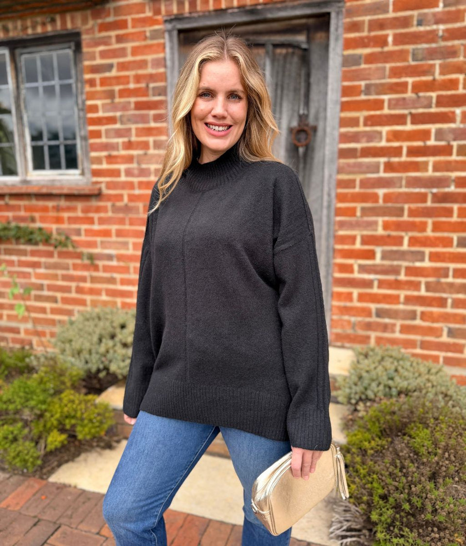 Black Funnel Neck Cosy Tunic Jumper