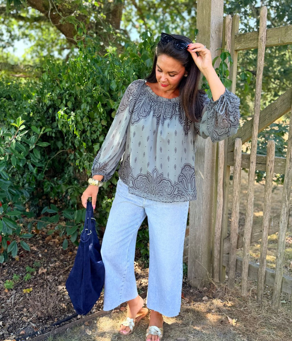 Grey Print Boho Blouse