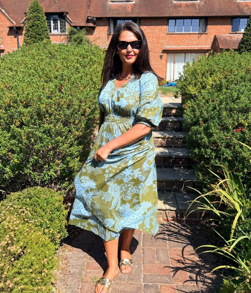 Green Flower Print Waisted Midi Dress
