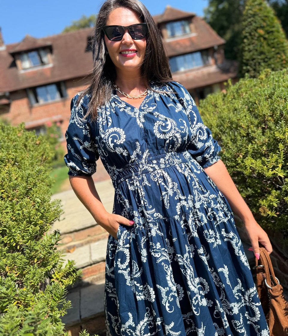 Navy Flower Print Waisted Midi Dress