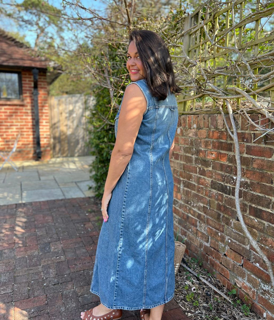 Sleeveless Denim Button Through Midi Dress