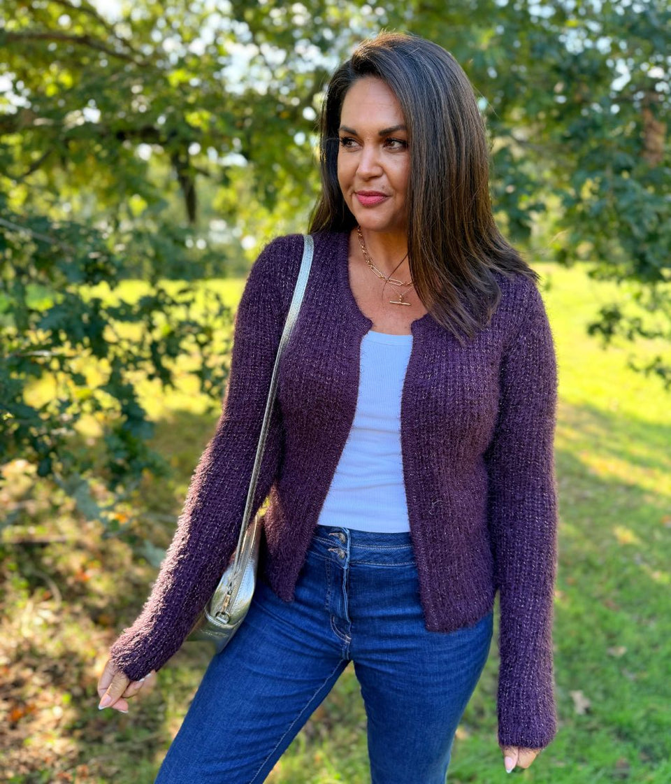 Aubergine Sparkle Knit Open Cardigan