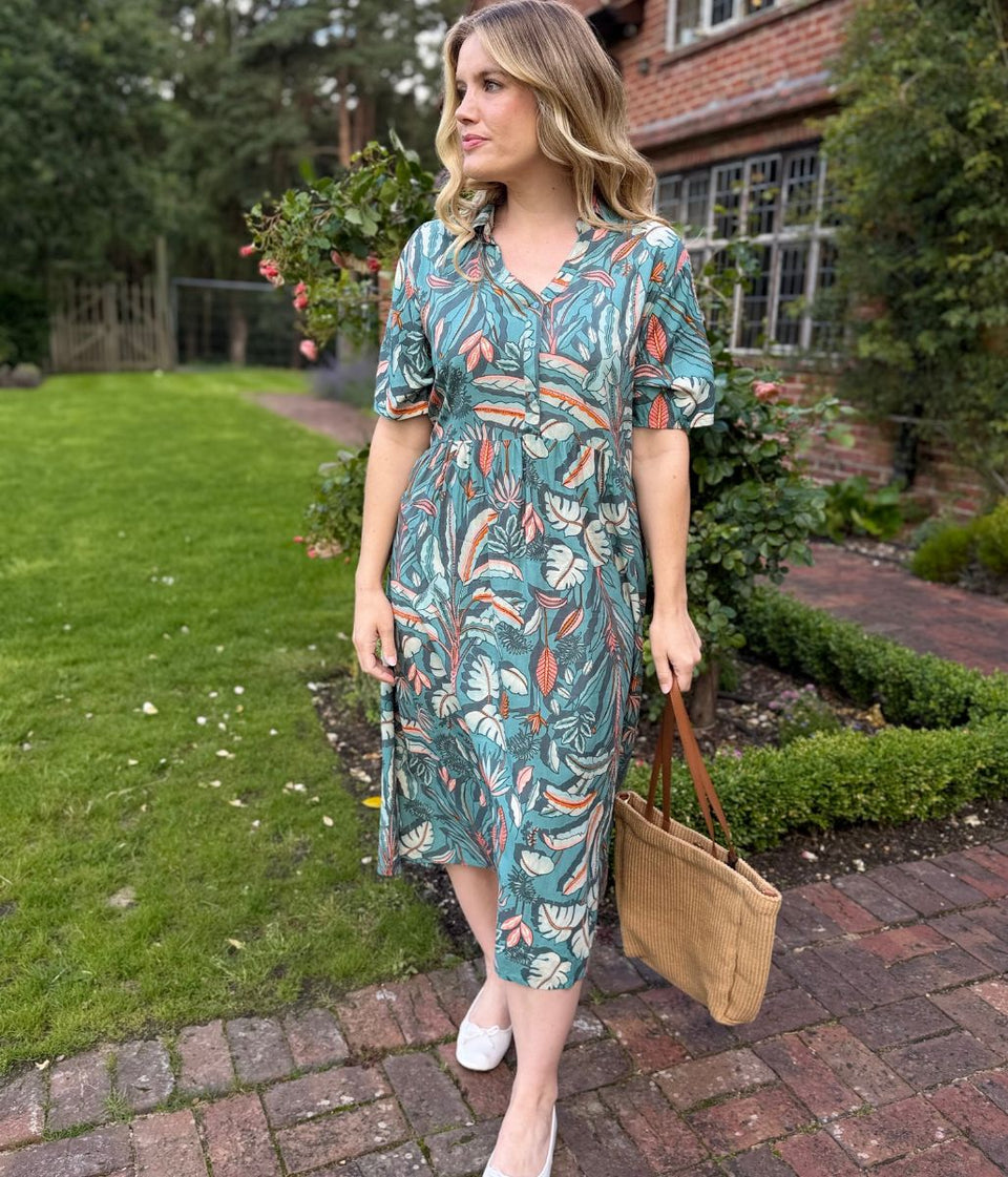 Sage Green Tropical Leaf Dress