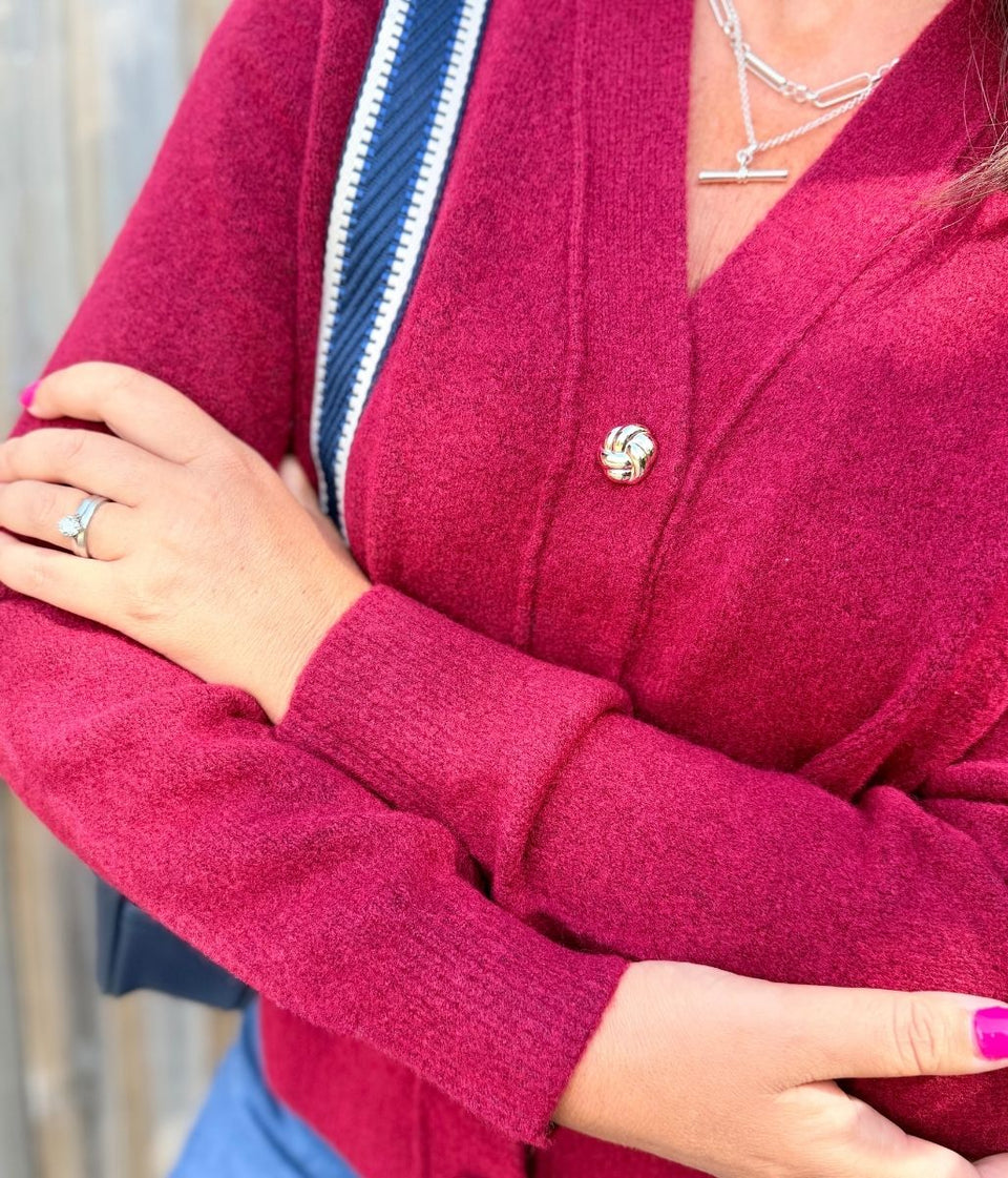 Burgundy Silver Knot Button Cardigan