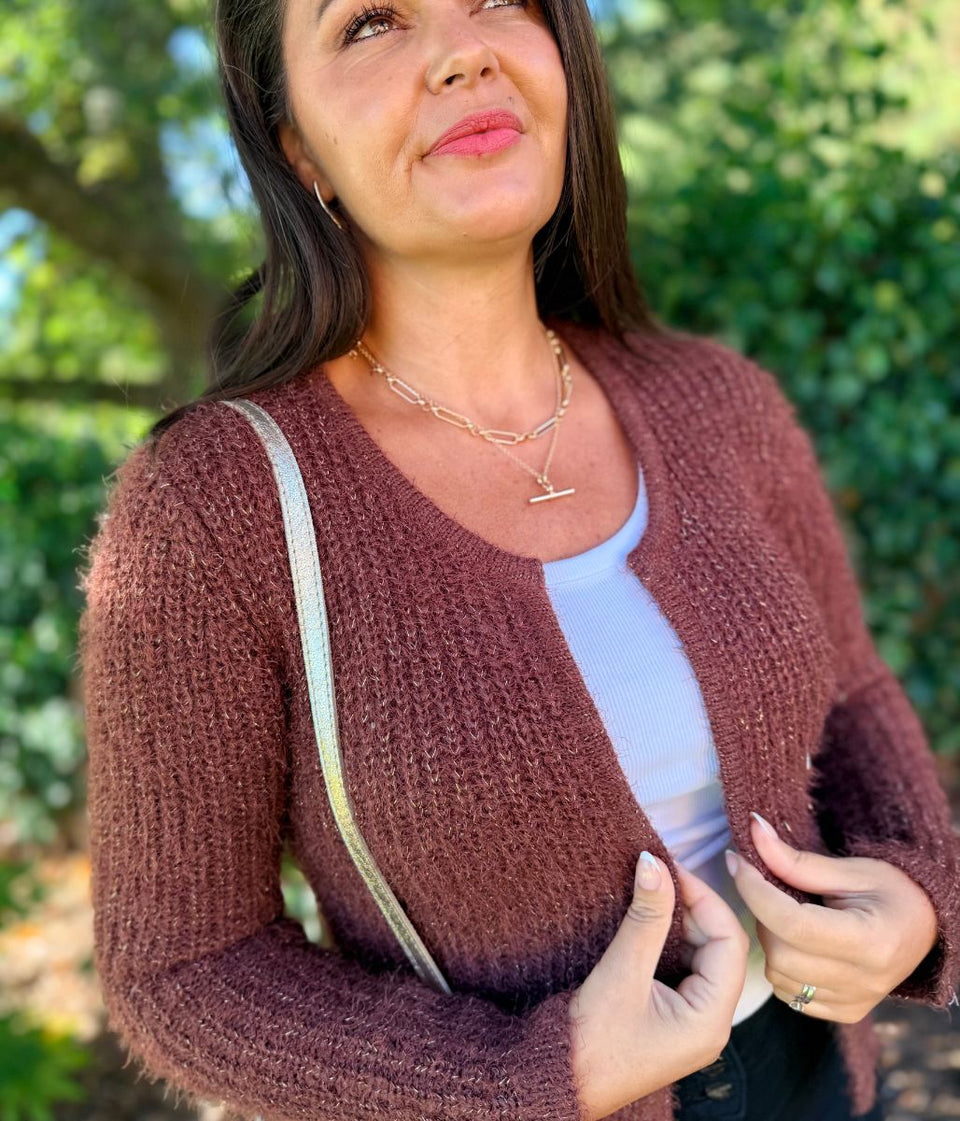 Brown Sparkle Knit Open Cardigan