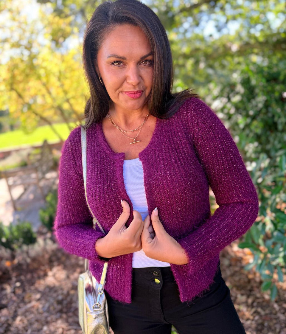 Purple Sparkle Knit Open Cardigan