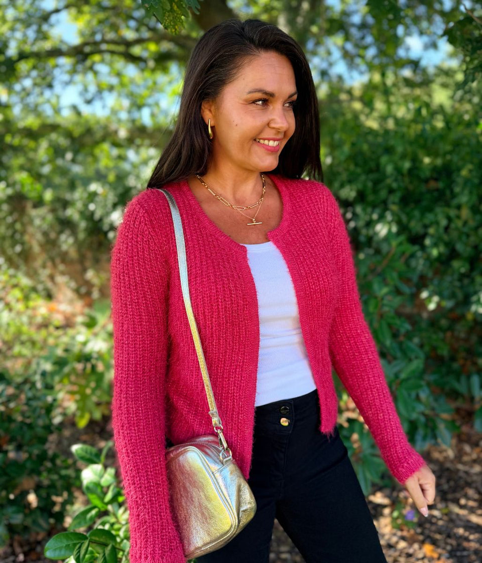 Bright Pink Sparkle Knit Open Cardigan