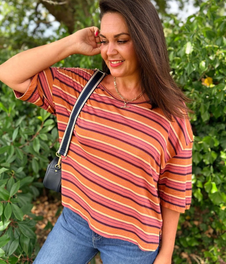 Paprika Striped Linen Blend Relaxed T Shirt