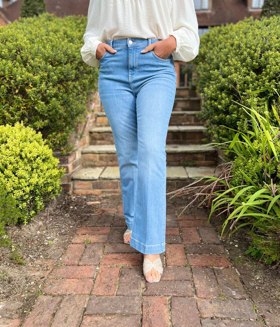 Light Denim Crease Front Slim Flare Jeans
