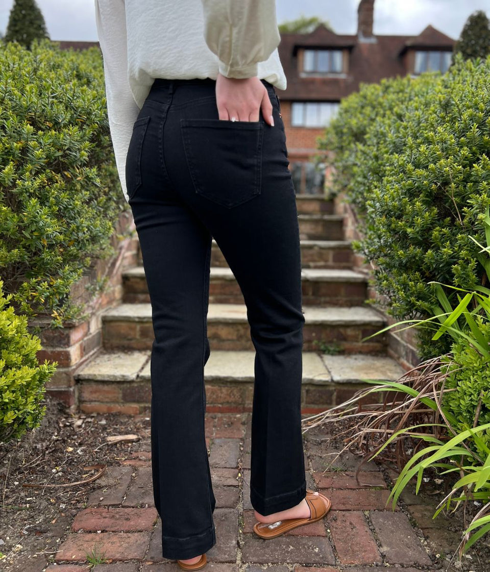 Black Denim Crease Front Slim Flare Jeans