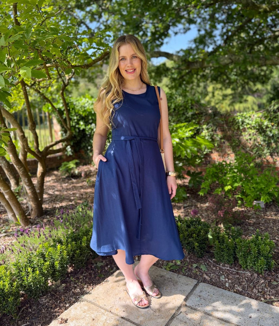 Navy Sleeveless Belted Linen Blend Midi Dress