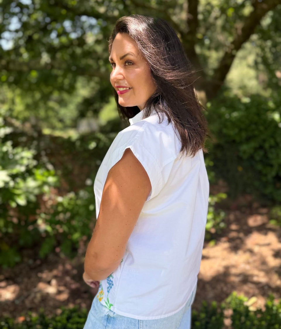 White Floral Embroidered Sleeveless Shirt