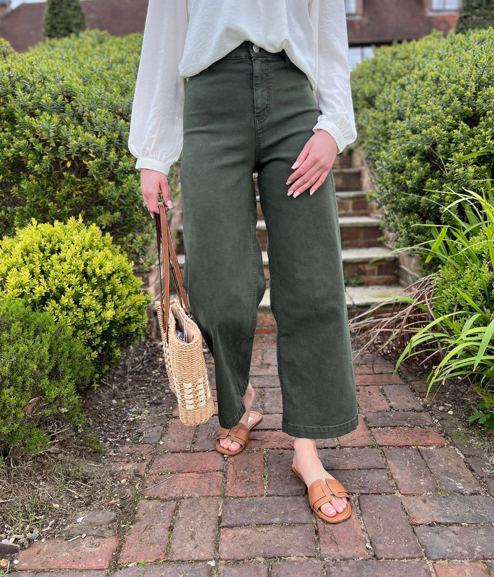Dark Green Wide Leg Ankle Grazer Jeans