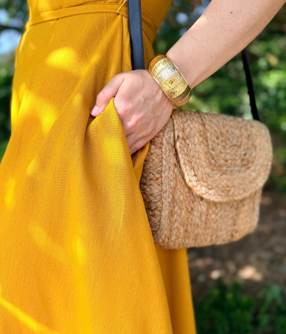 Mustard Sleeveless Belted Linen Blend Midi Dress