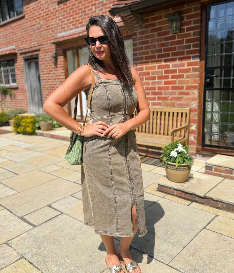 Grey Denim Zip Through Midi Dress