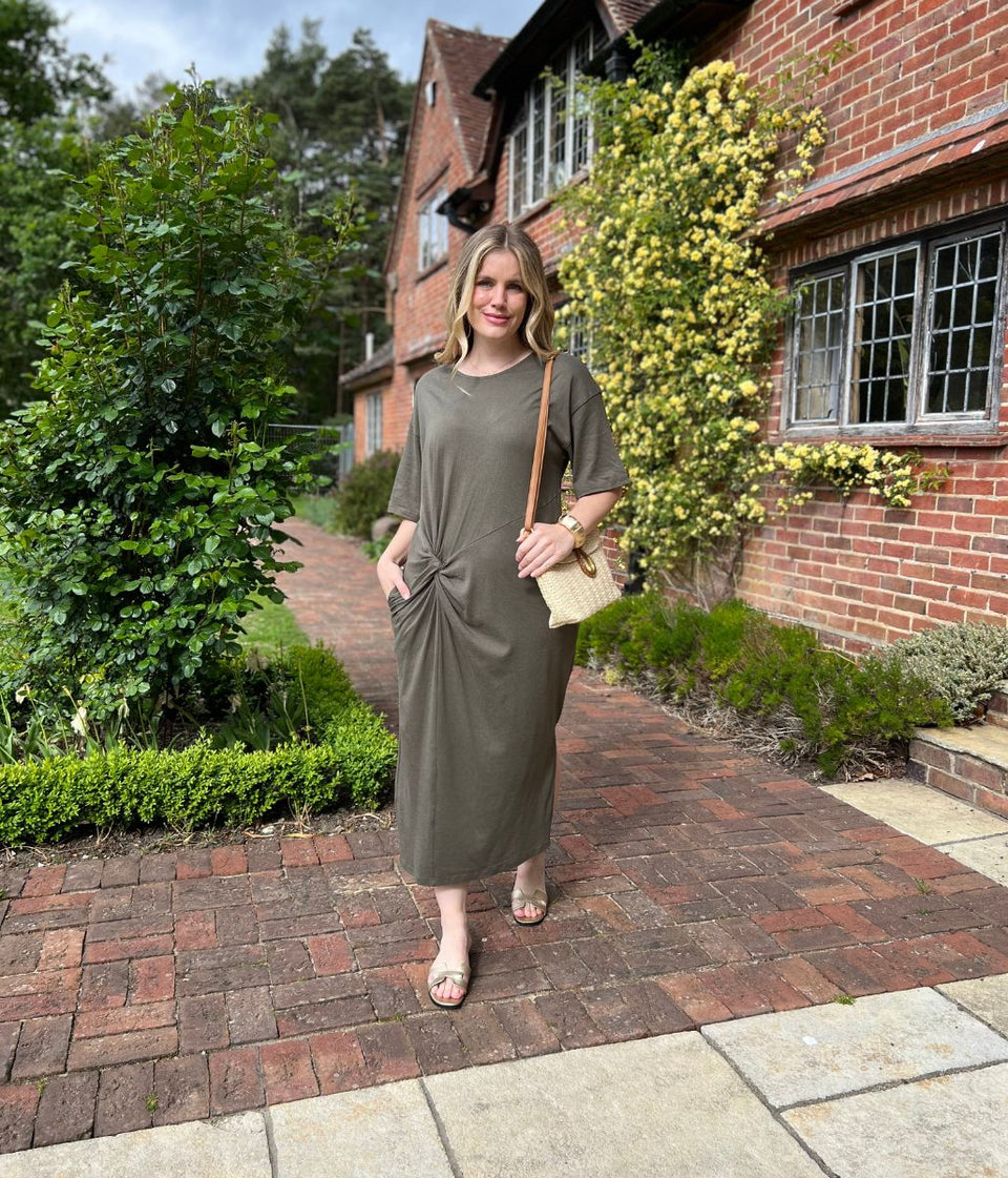 Khaki Jersey Twist T-Shirt Dress