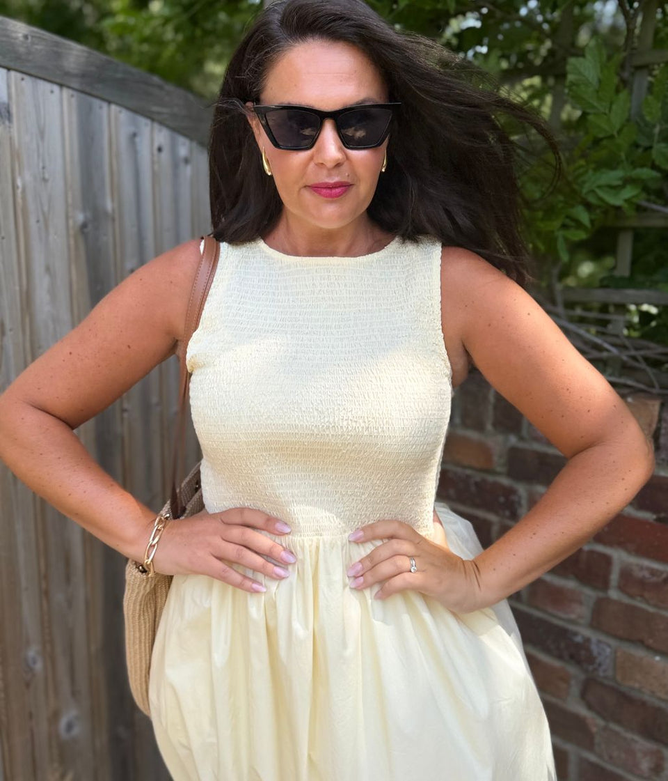 Yellow Cotton Poplin Shirred Dress