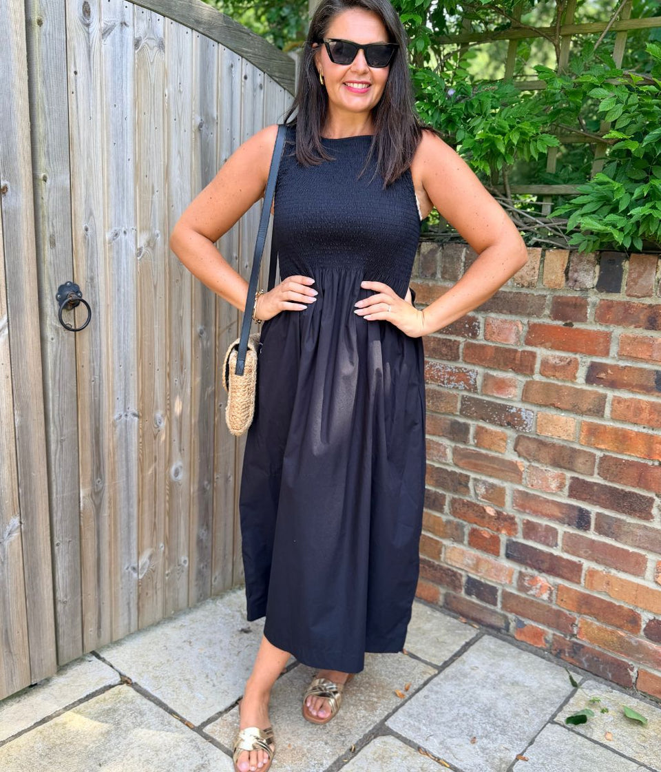 Black Cotton Poplin Shirred Dress