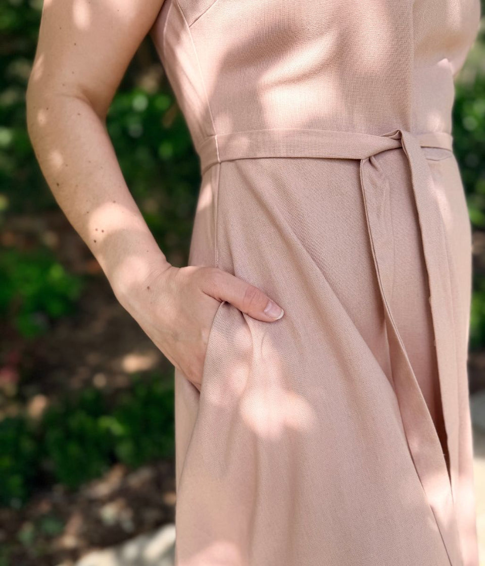 Pale Pink Sleeveless Belted Linen Blend Midi Dress