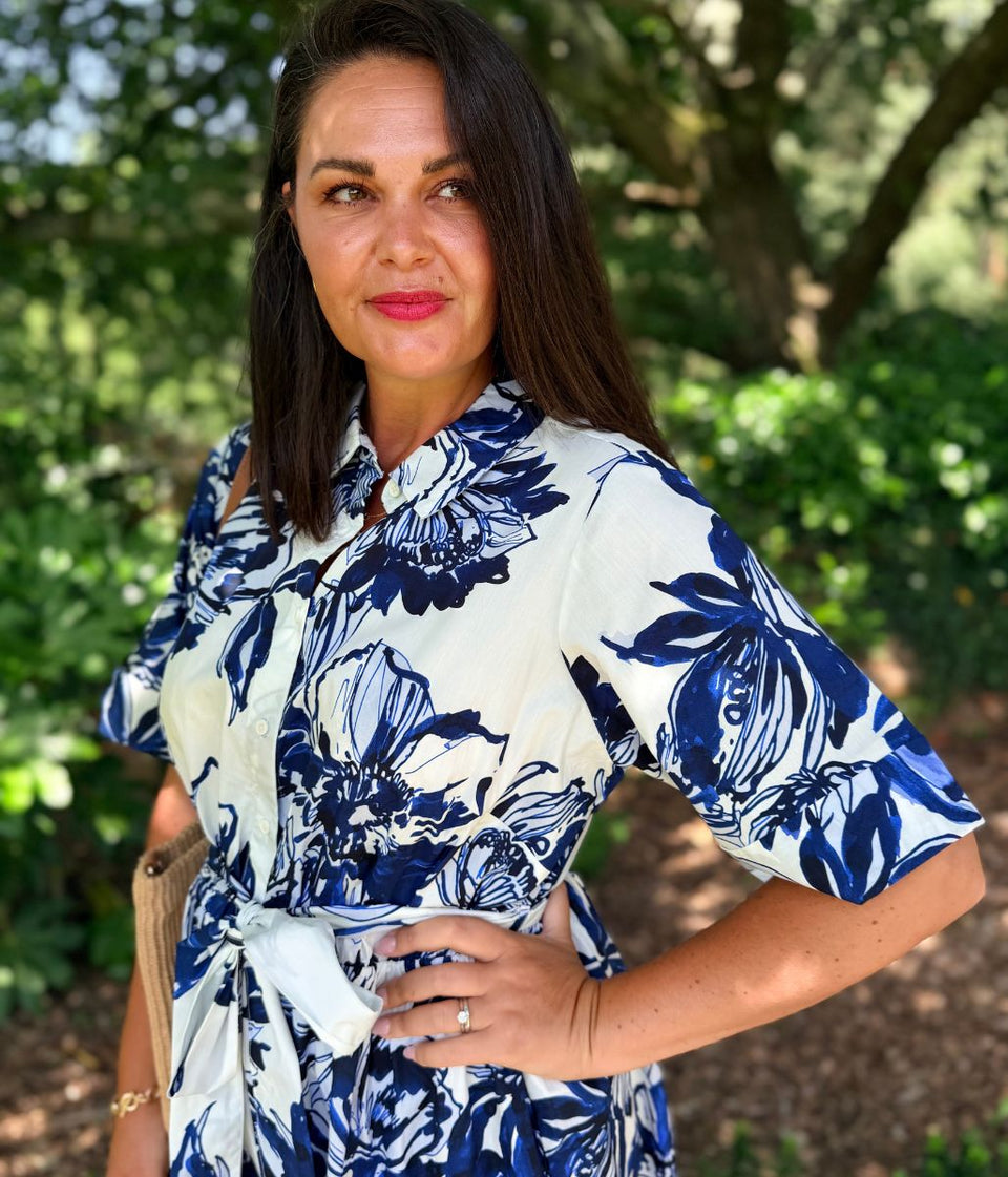 Navy Floral Midi Shirt Dress