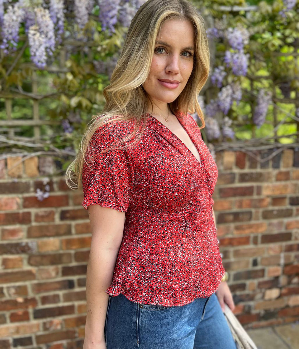 Red Ditsy Print Wrap Blouse
