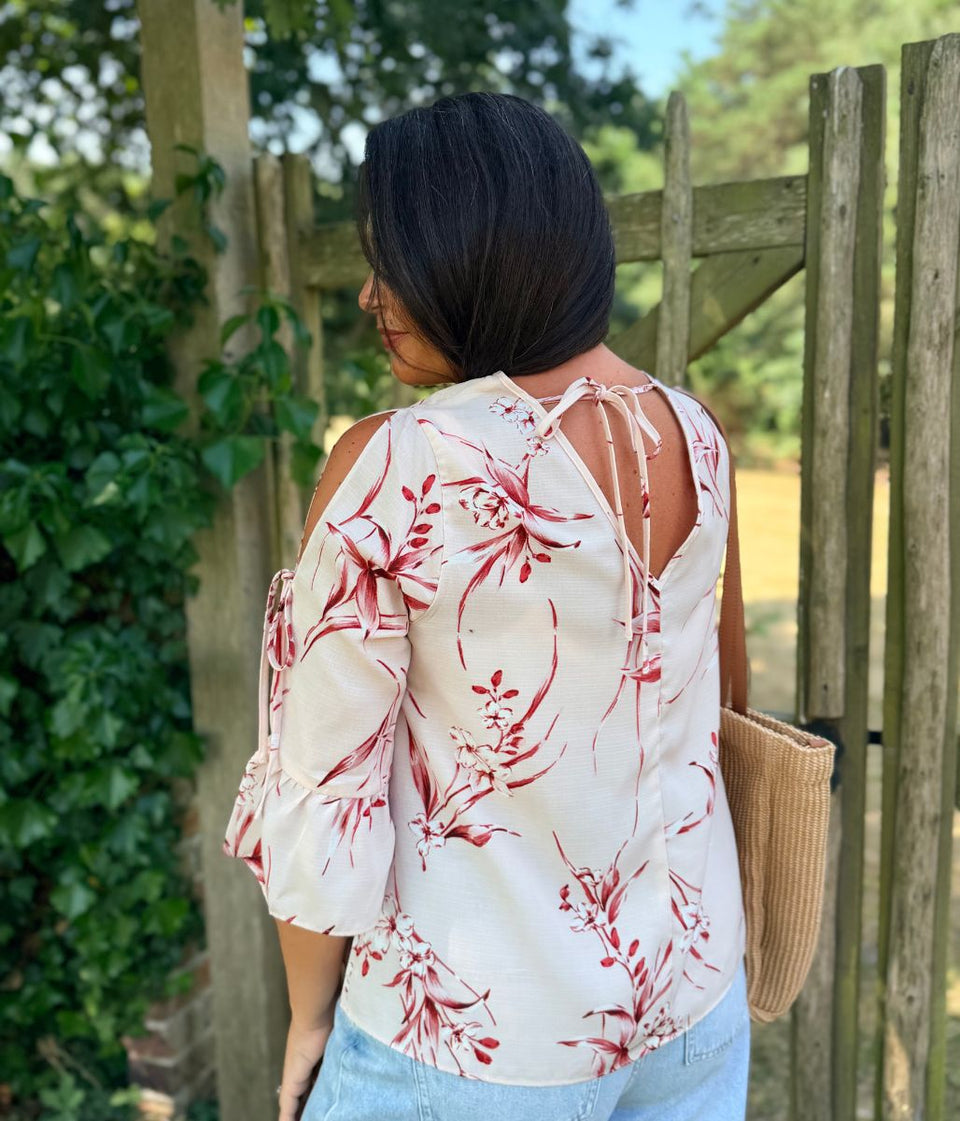 Blush Floral Tie Sleeve Blouse