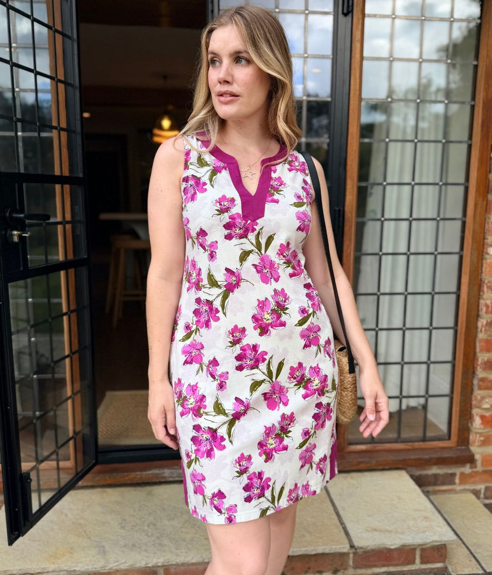 Purple Floral Jersey Notch Neck Dress