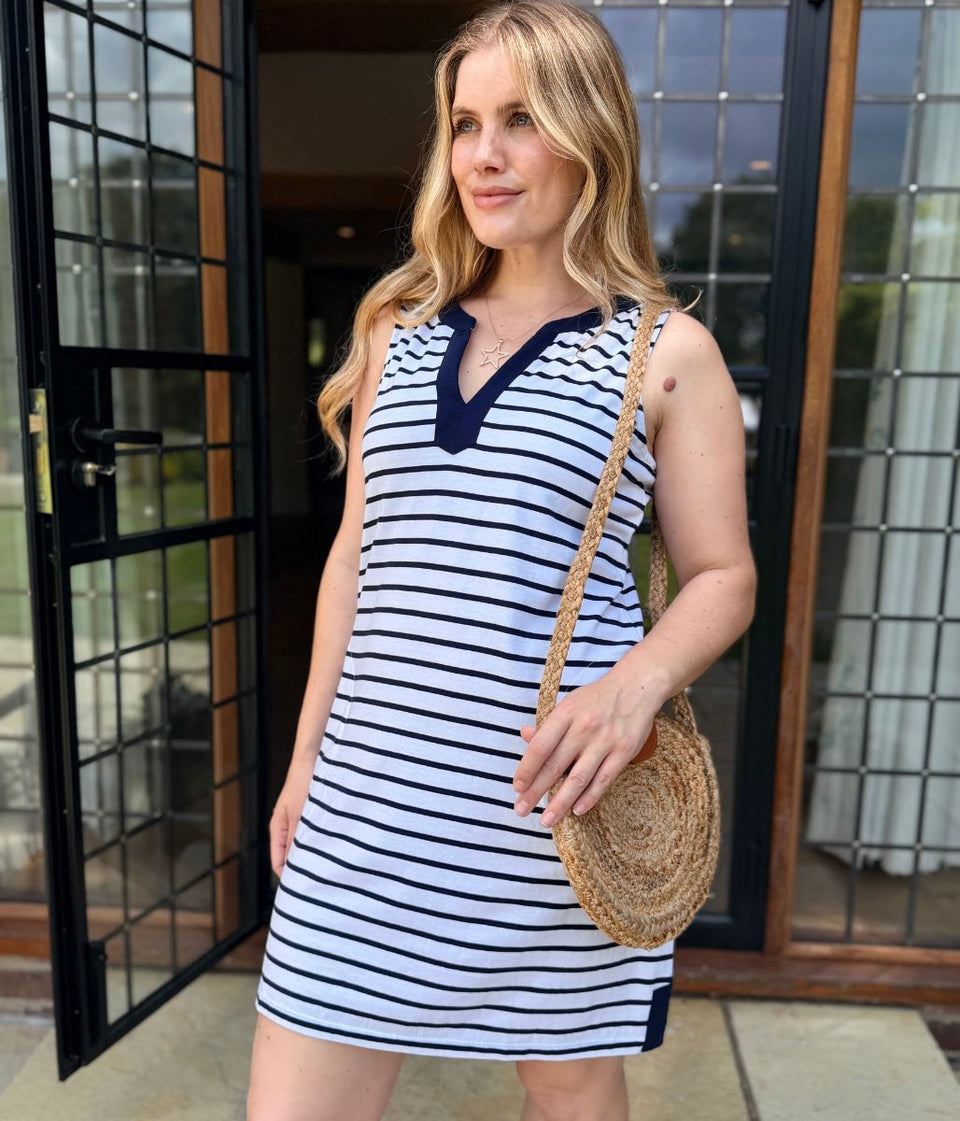 Navy Stripe Jersey Notch Neck Dress