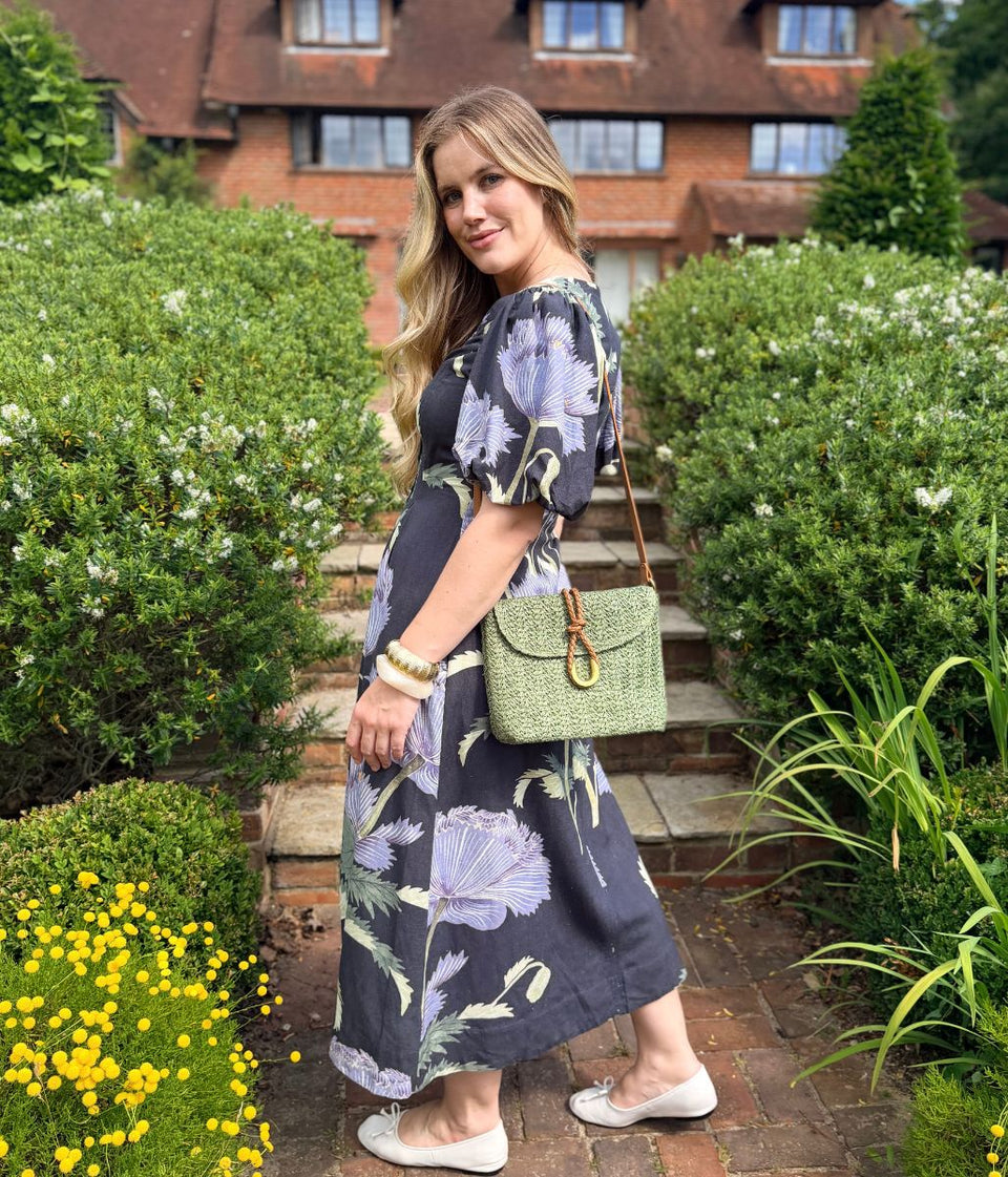 Navy Floral Linen Blend Puff Sleeve Midi Dress