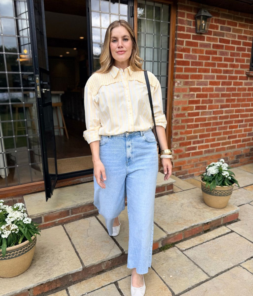 Yellow Pure Cotton Shirred Striped Shirt