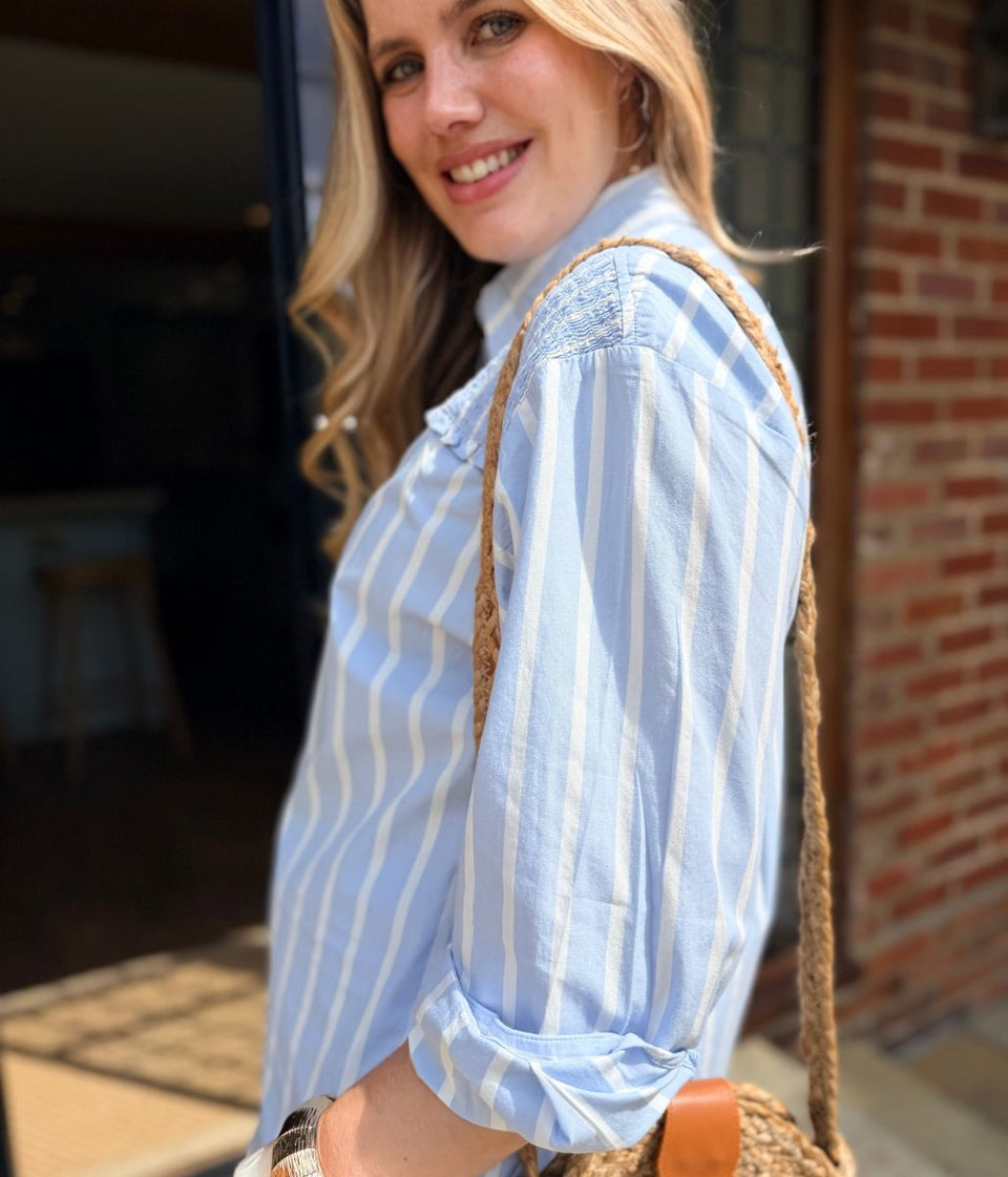Blue Pure Cotton Shirred Striped Shirt