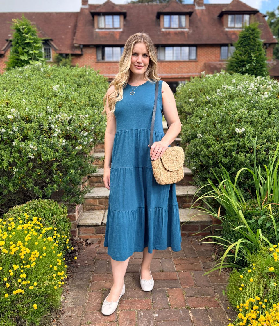 Teal Sleeveless Cotton Slub Jersey Tiered Midi Dress