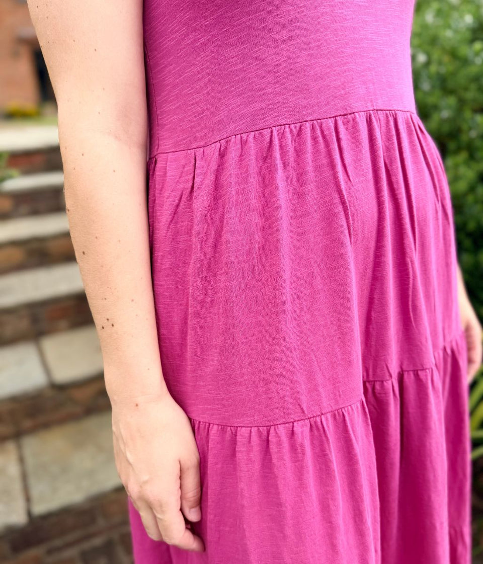 Pink Sleeveless Cotton Slub Jersey Tiered Midi Dress