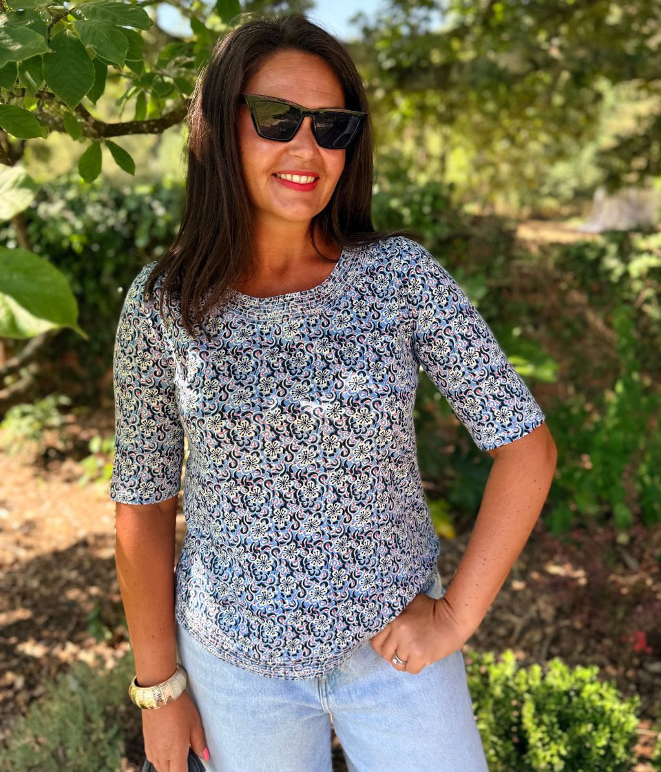 Blue Flower Weaver Jersey Top