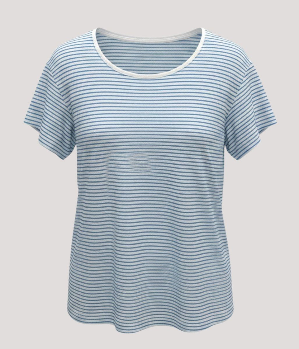 Blue Striped Linen Blend Crew Neck Top