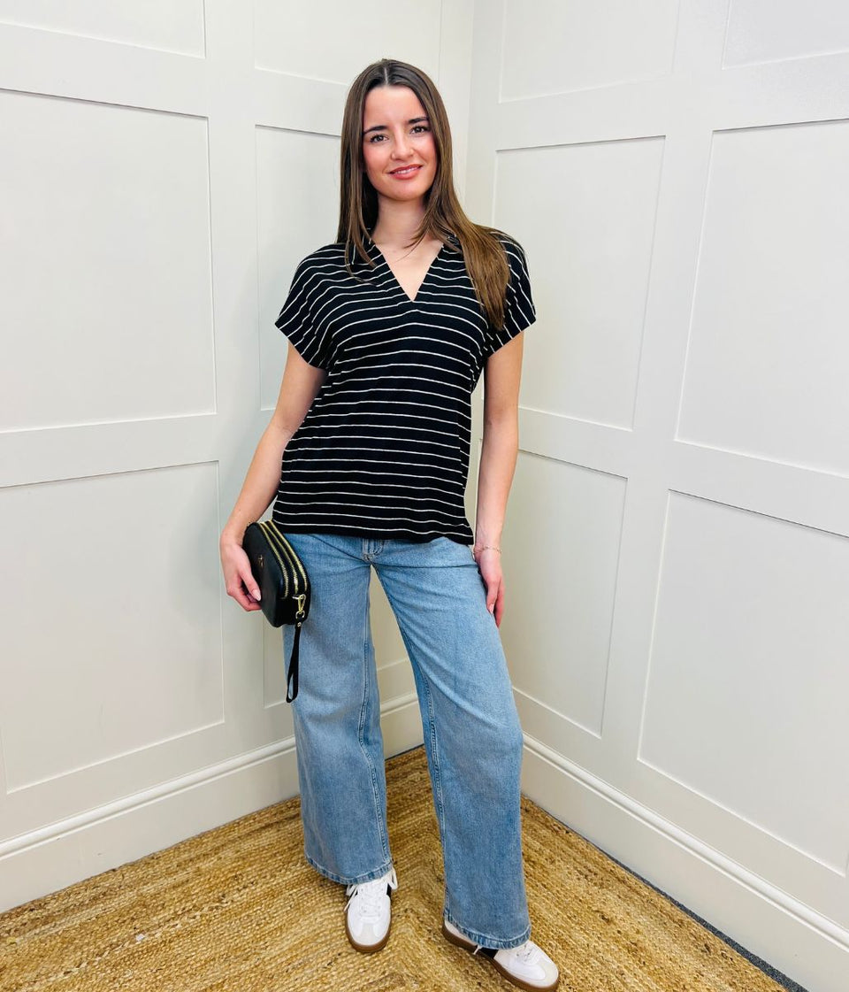 Black Linen Blend Striped Relaxed Collar Top