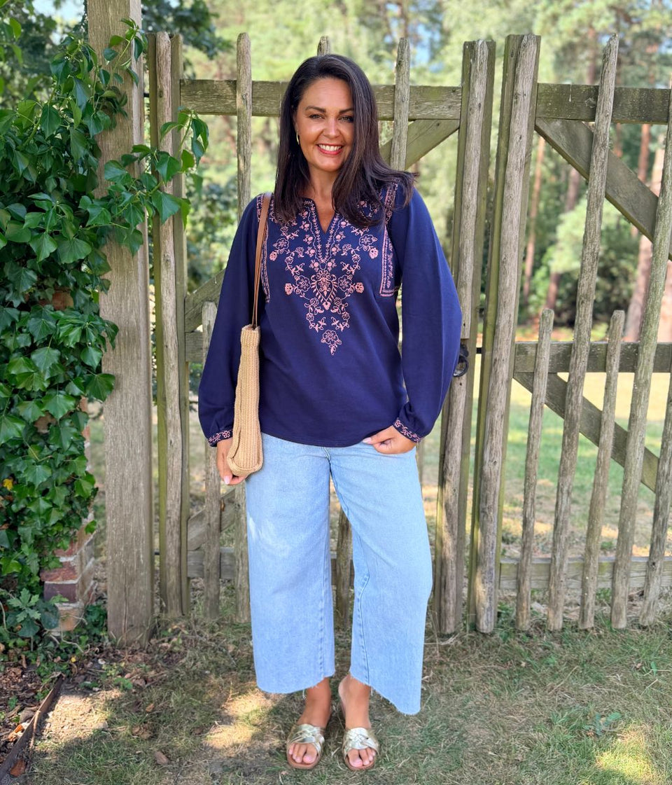Navy Embroidered Notch Neck Top