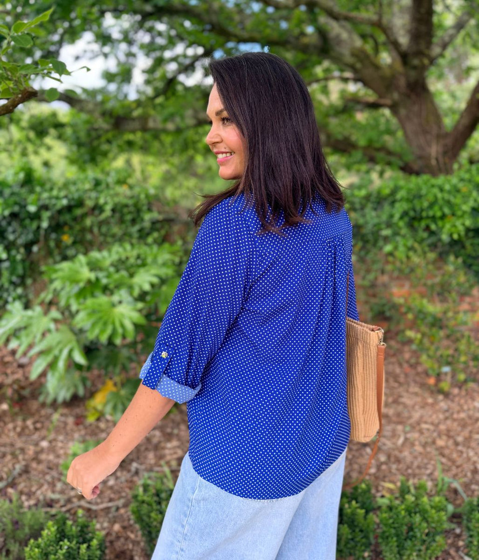 Blue Polka Dot Popover Blouse