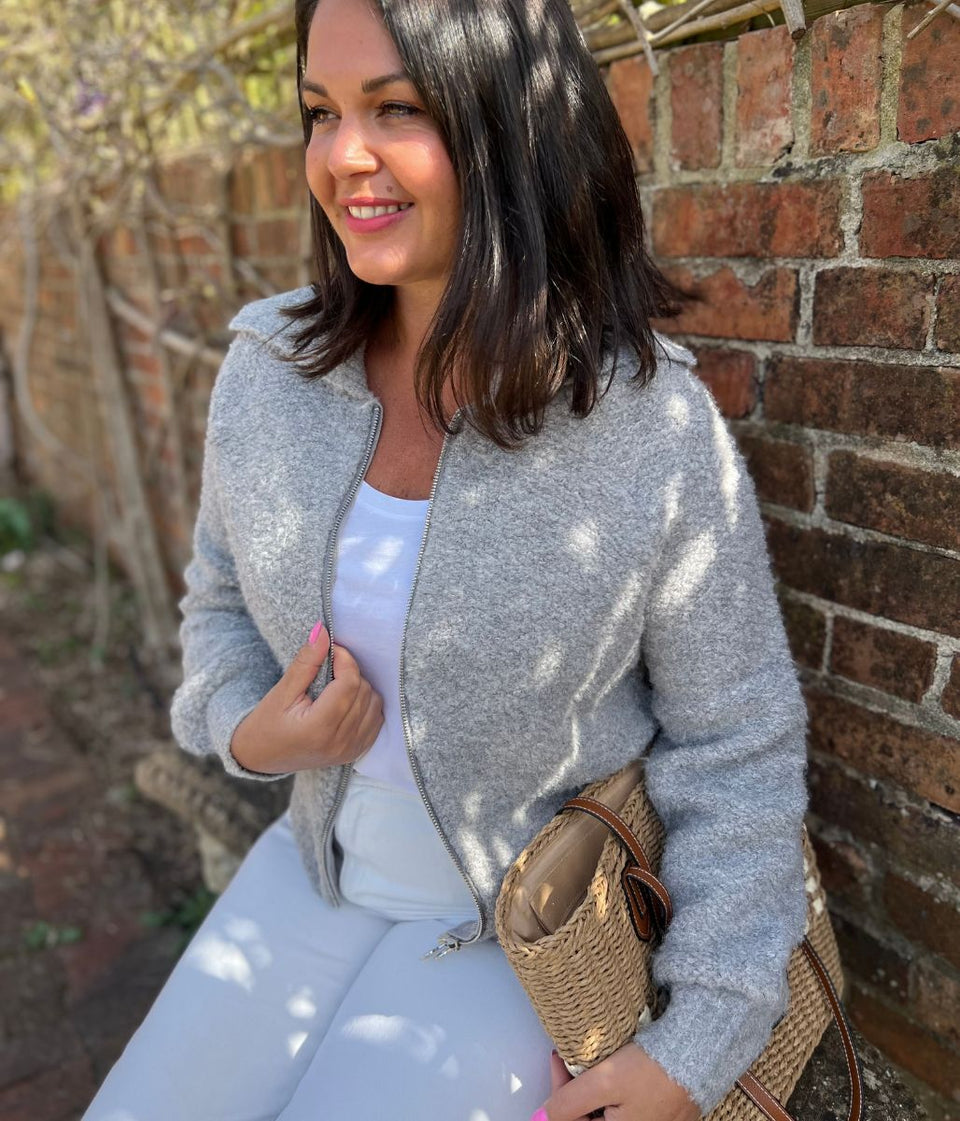 Grey Boucle Wool Blend Zip Up Jumper