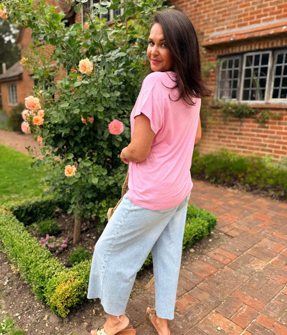 Pink Crew Neck Linen Blend Tee