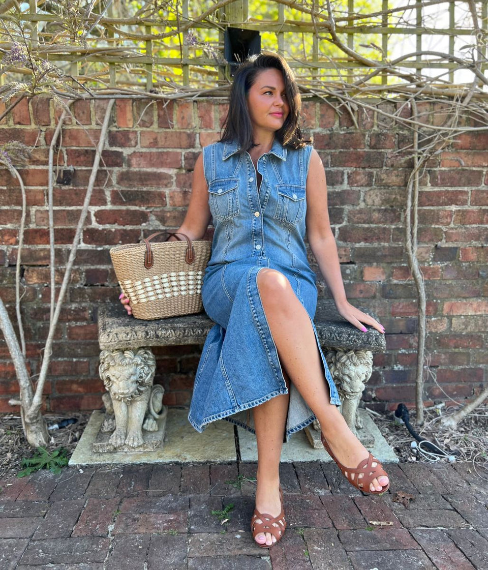 Sleeveless Denim Button Through Midi Dress