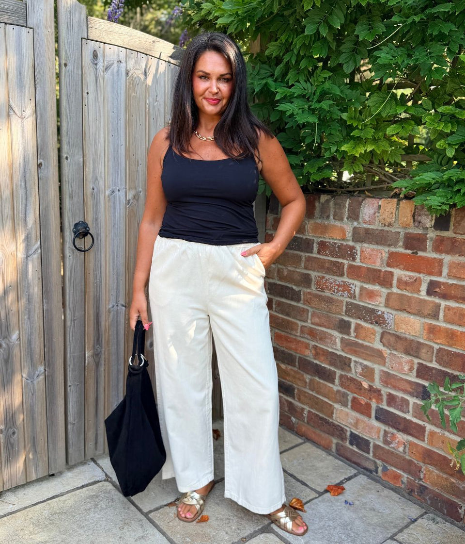 Ivory Cotton Rich Drawstring Wide Leg Trousers